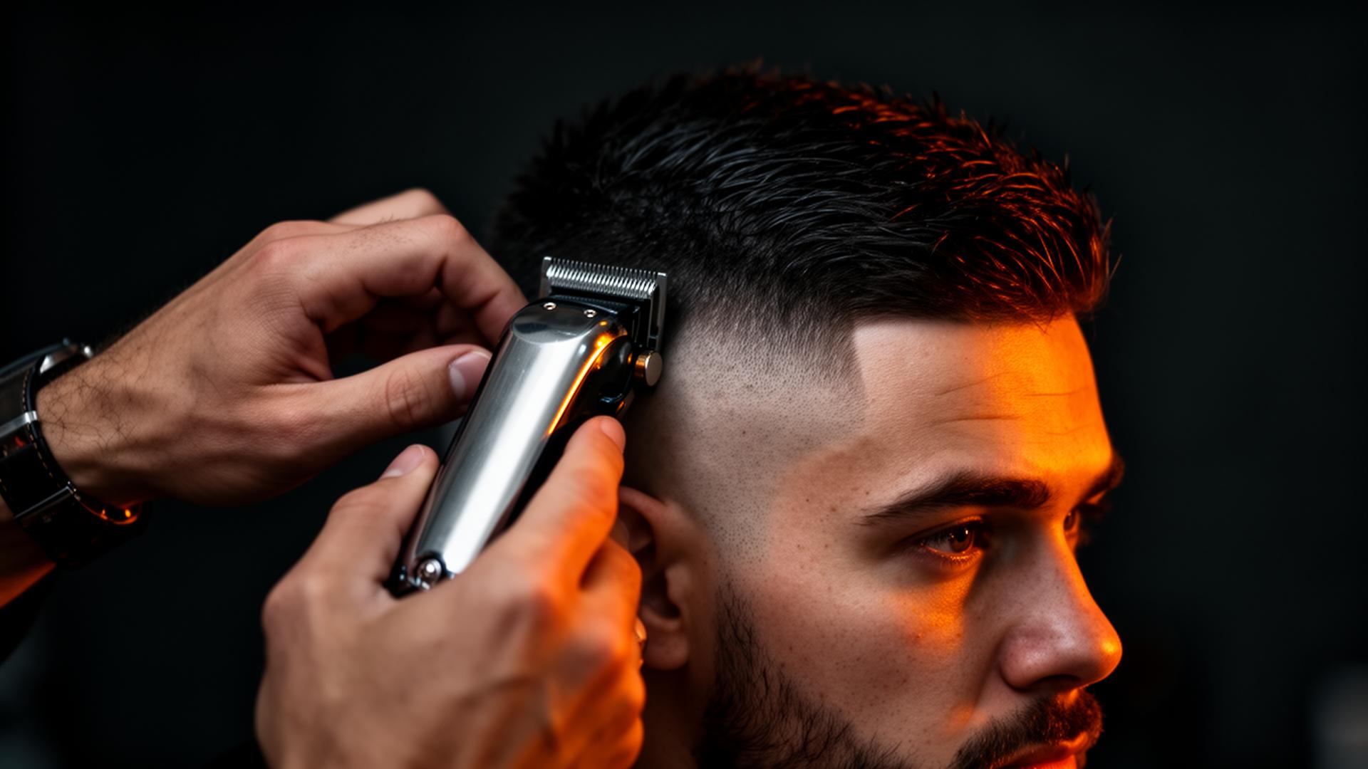 Barbier schneidet präzise Haare mit Maschine im Friseursalon S.A.M.